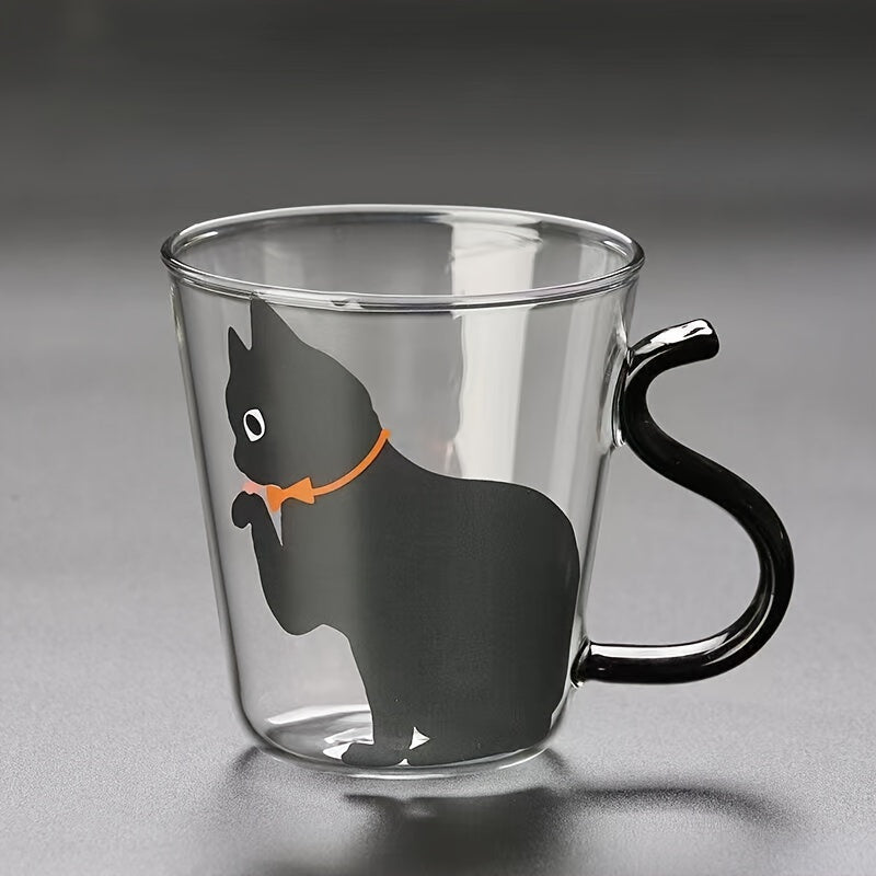 8.8oz Cute Cat Glass Mug made of high borosilicate glass, heat & cold resistant, reusable with animal print design for all beverages - handwash only.