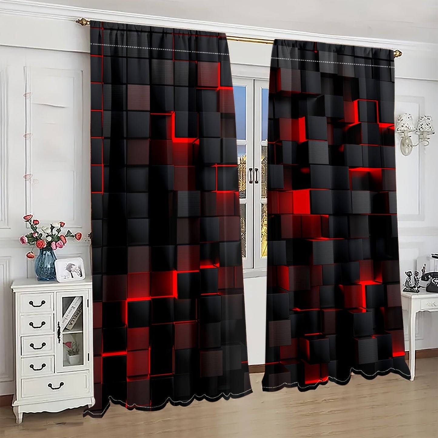 Set of 2: Abstract Red & Black Gradient Curtains - Modern Geometric Design, Semi-Transparent Drapes for Privacy in Living Room and Bedroom Decor