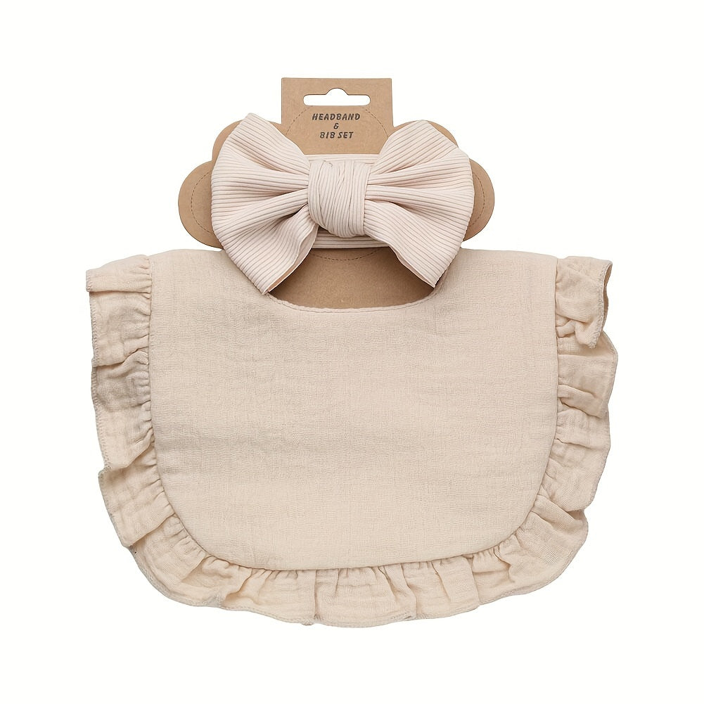 Set of 2 includes a lotus leaf bib and an elastic bow headband. The set also includes a plain color soft bib with snap button closure.