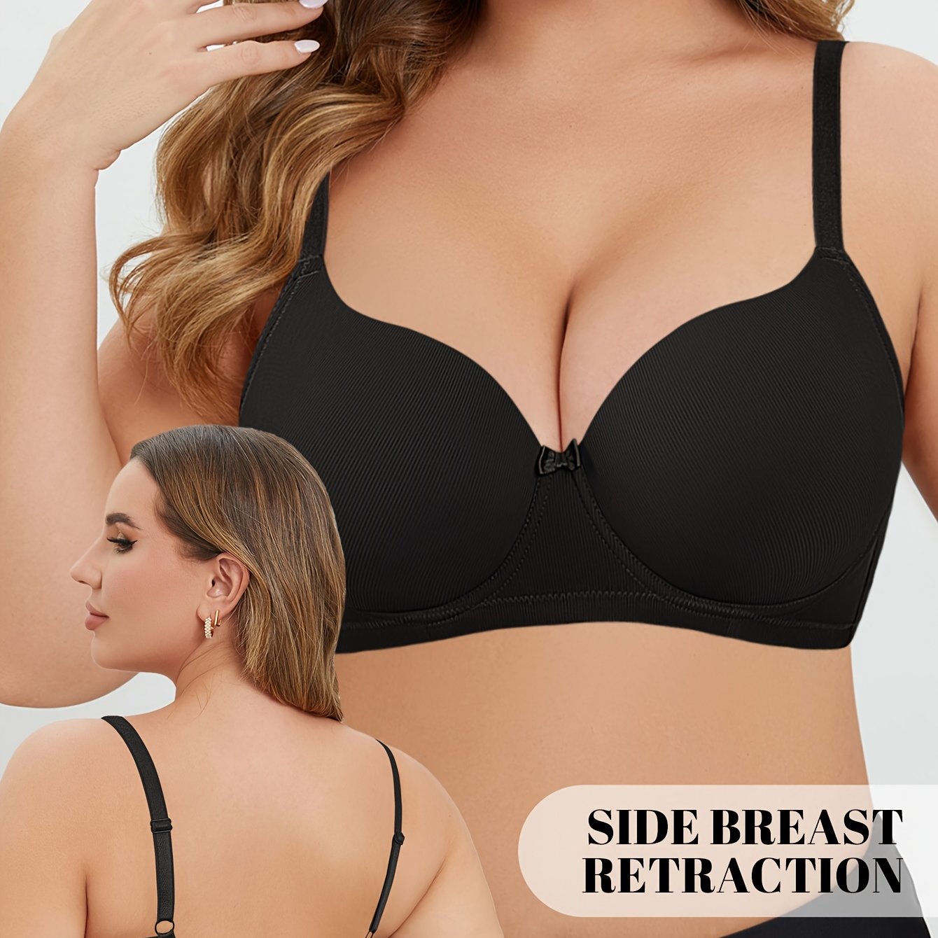 Elegant plus size underwire bra with non-removable padding and medium stretch comfort.