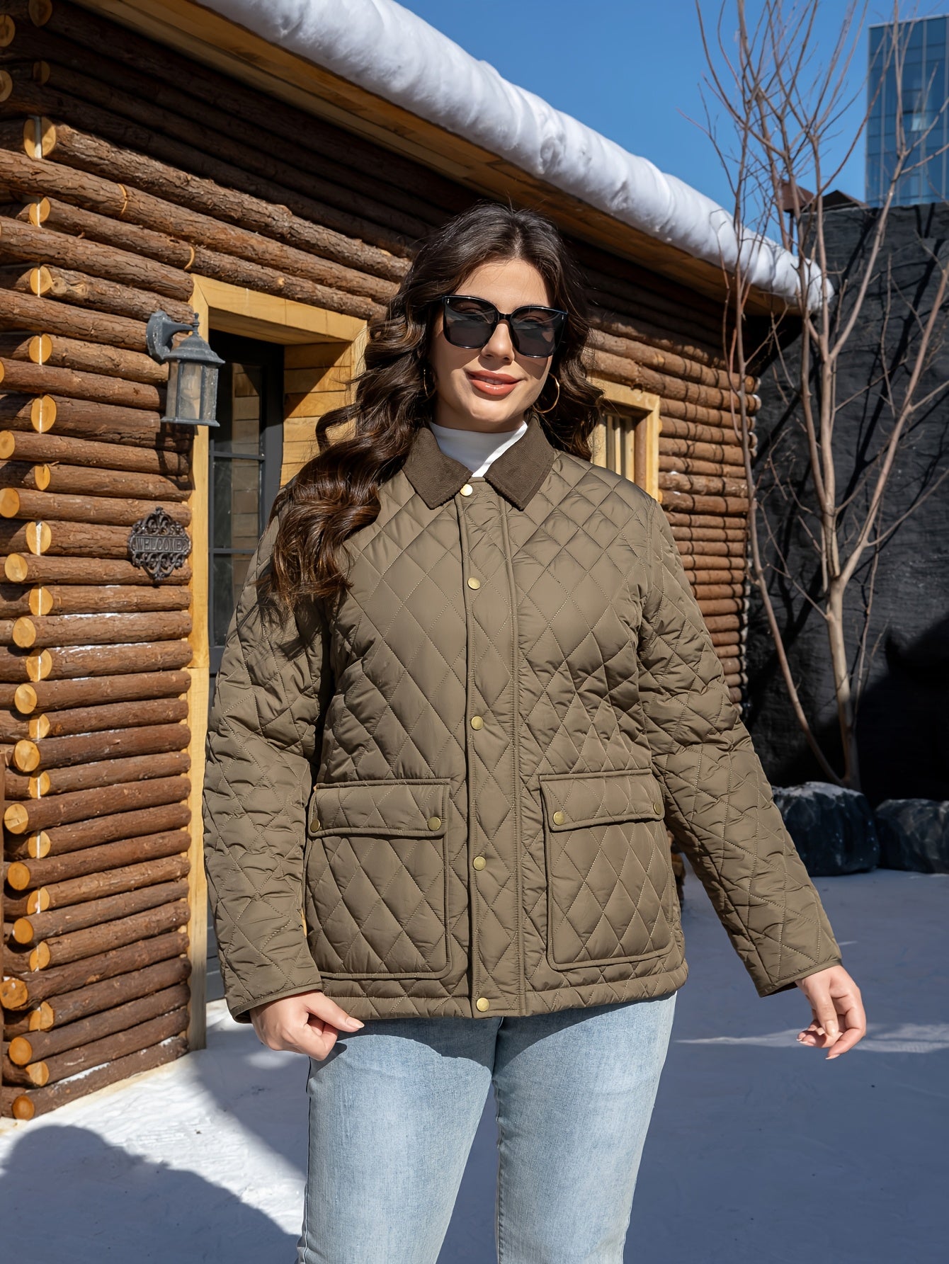 Stylish plus size lapel jacket in warm polyester with pockets for fall/winter. Quilted design, machine washable, and durable for everyday wear.