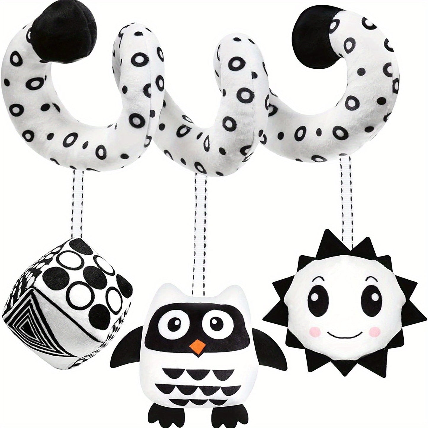 Newborn plush activity toy for bed, bassinet, crib, or baby carrier. This black and white high contrast spiral hanging stroller and car seat toy is perfect for stimulating your baby's developing senses. Great as a gift for new parents.