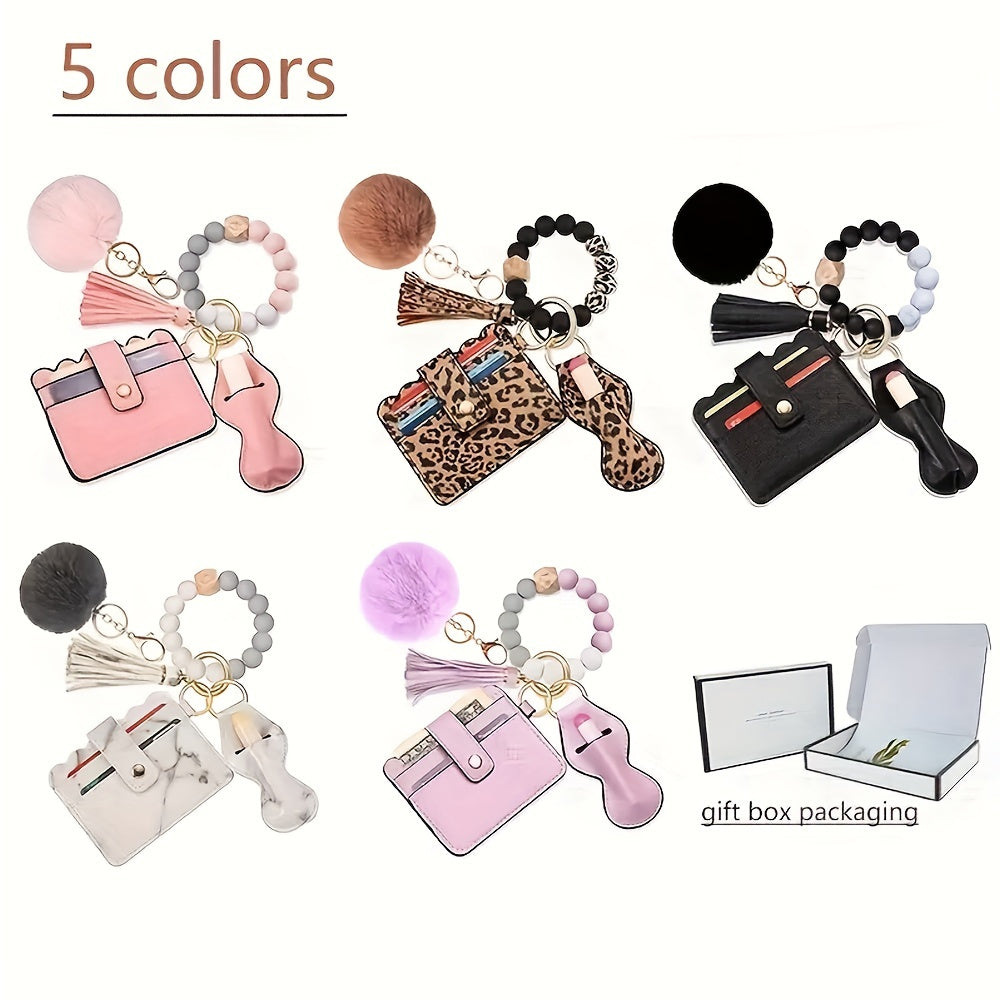 Keychain accessories for women, including a premium leather keyring, card holder wallet, elastic silicone beaded tassel keychain, and lipstick holder (6 pieces) - perfect as a gift for women.