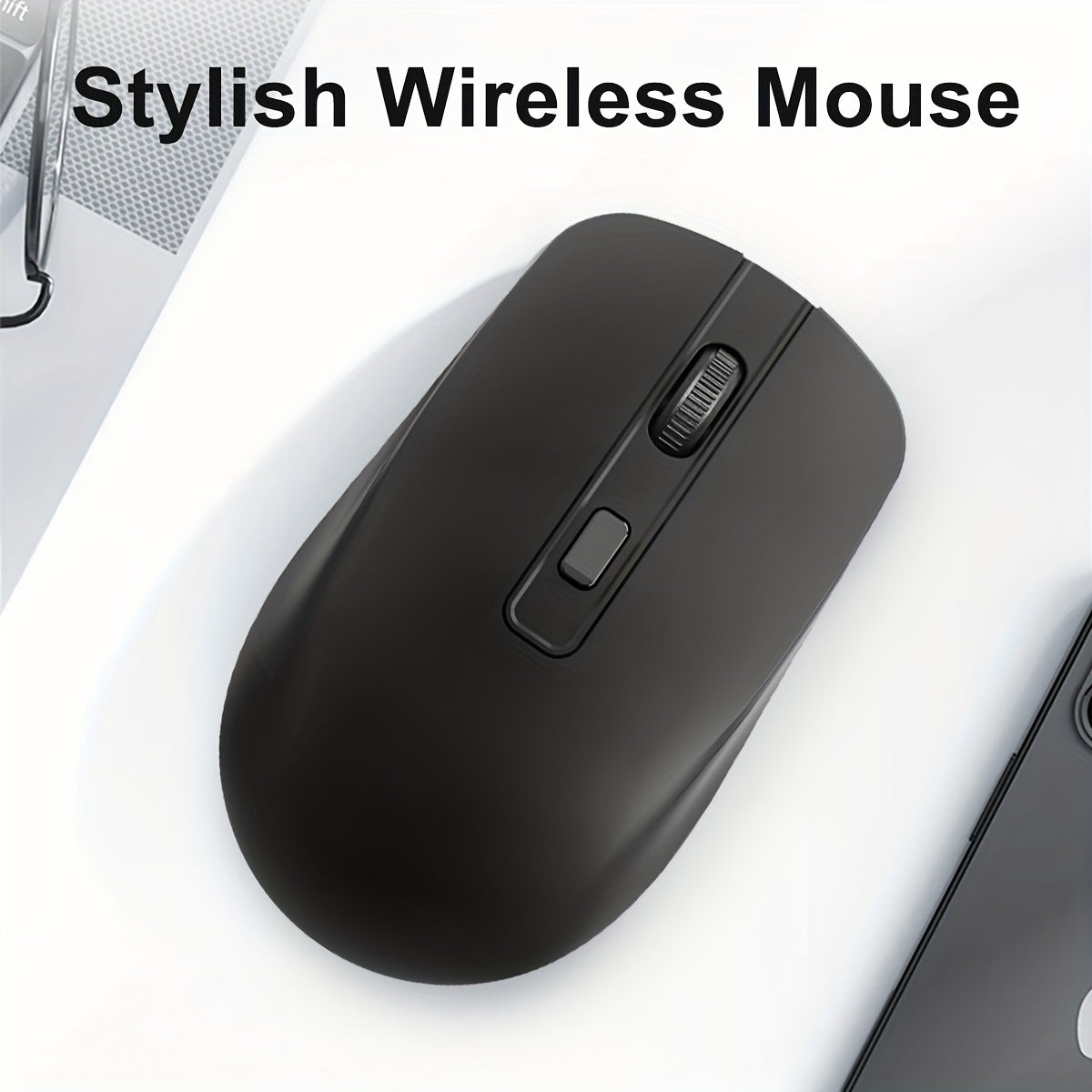 Battery powered 4D Button Wireless Optical Mouse with an ambidextrous plastic design for laptops and desktops - battery not included.