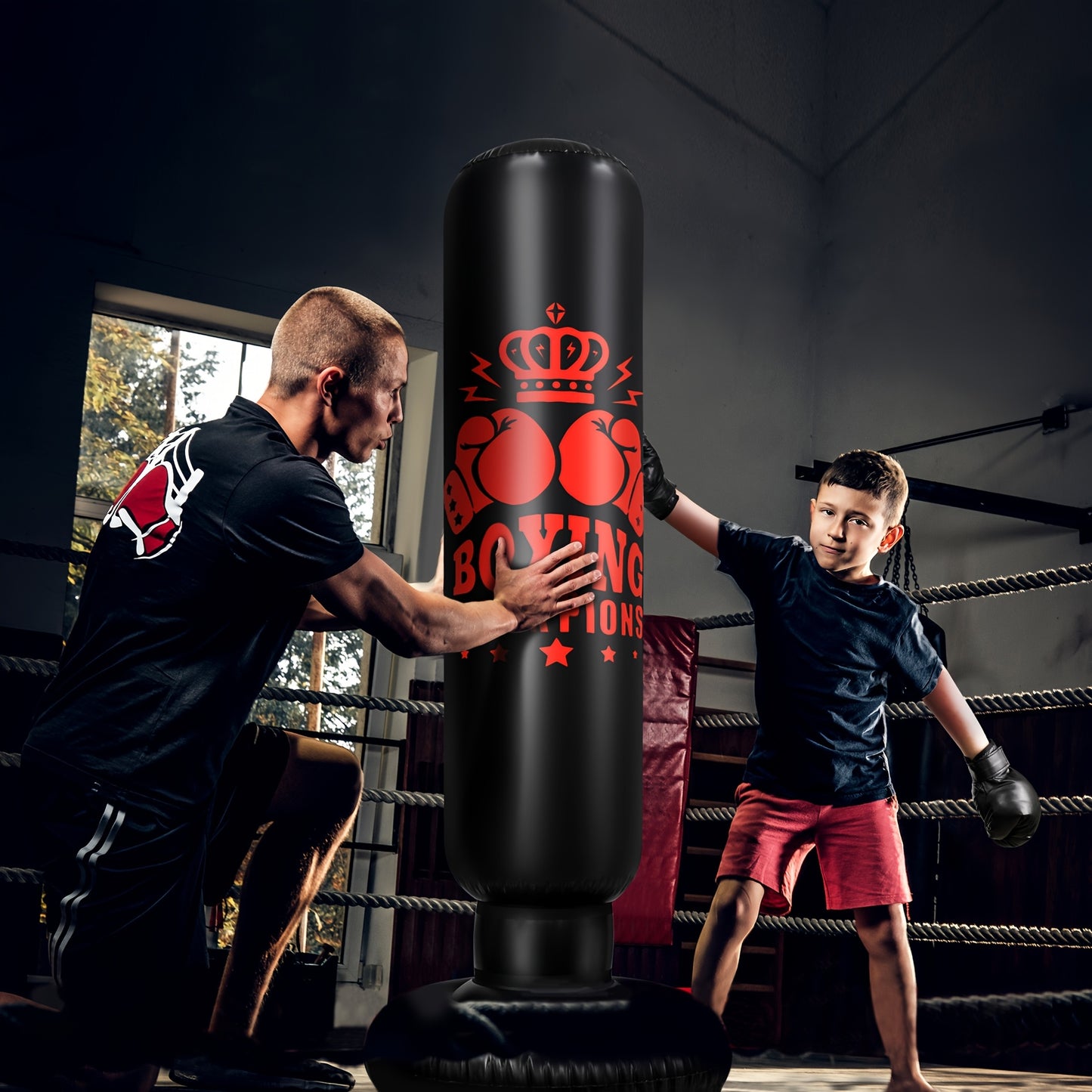 Inflatable punching bag set includes boxing gloves and skipping rope, suitable for karate and kickboxing.