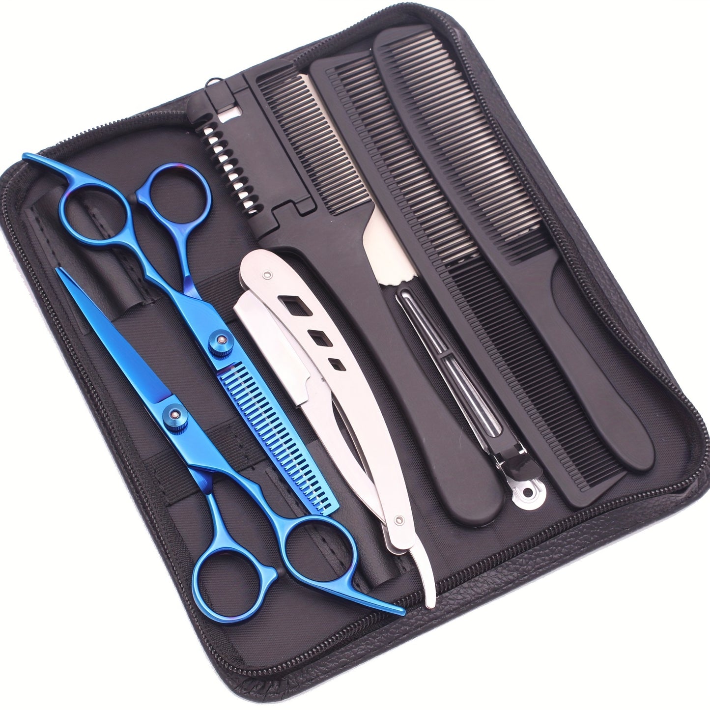 6-inch hair cutting scissors set with a variety of styling tools including thinning scissors, shaver comb, double-sided comb, and apple comb.