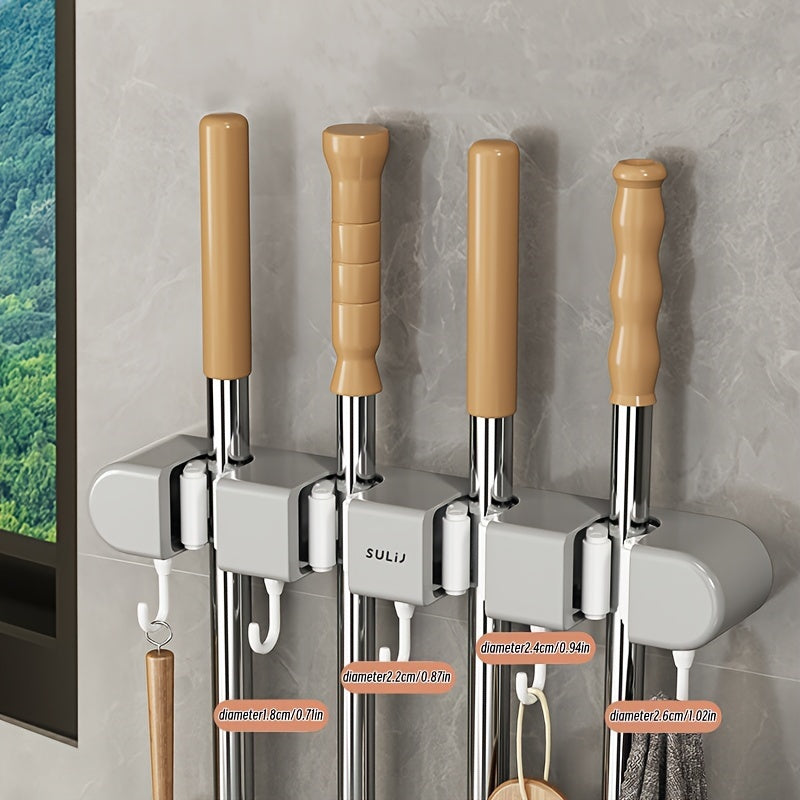 1pc Wall-Mounted Mop Hook with 3/4 Slots, No-Drill Plastic Storage Rack for Bathroom and Balcony.