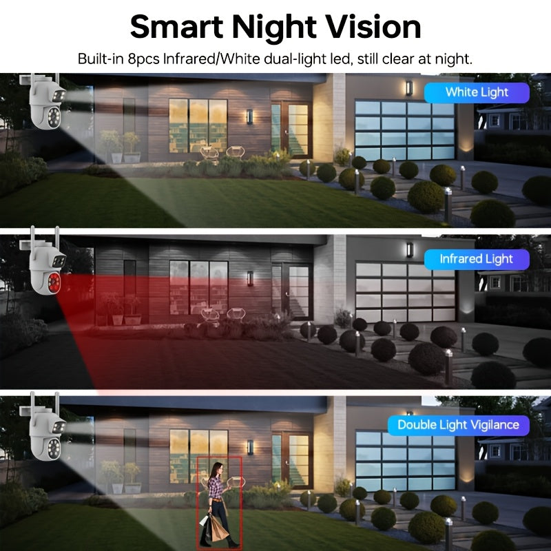 The ZHXINSD 4MP Dual Lens Smart Security Camera is an outdoor CCTV system that is WiFi enabled with features including Pan/Tilt, Auto Tracking, AI Human Detection, Color Night Vision, IP65 Waterproof, and Two-Way Audio.