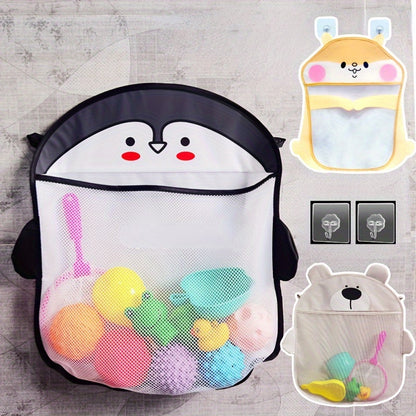 Penguin, hamster, and bear design bathroom storage organizer with water resistant mesh, suction cups for shower, and plastic hanging bag.