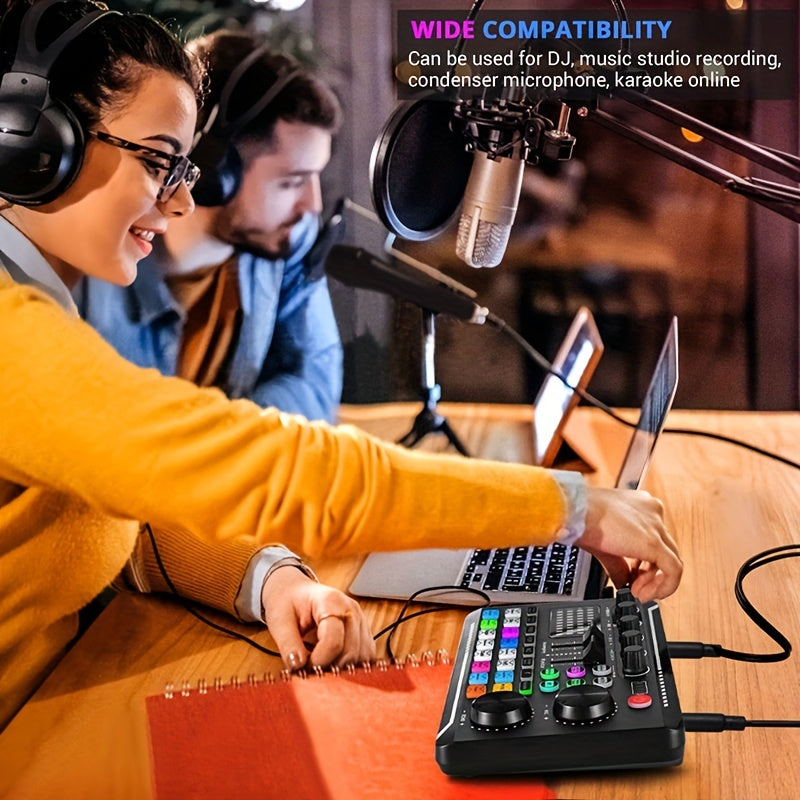 USB-powered live sound card with audio interface, DJ mixer effects, voice changer, rechargeable 1200mAh lithium battery, for streaming, podcasting, gaming - studio equipment.