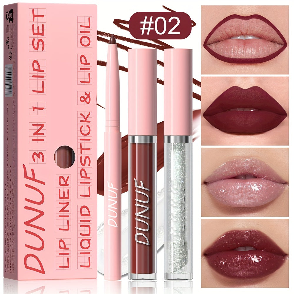 3-piece lip set with durable, waterproof, and sweat resistant formulas that are easy to apply and long-lasting. Includes lip gloss, lip liner, and lip glaze for a matte finish.