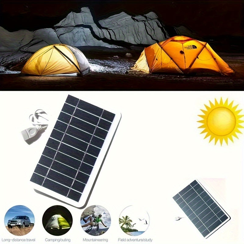 Portable outdoor solar USB charger with movable solar panel for charging phones, flashlights, and fans, ideal for travel, camping, and outings with pets.