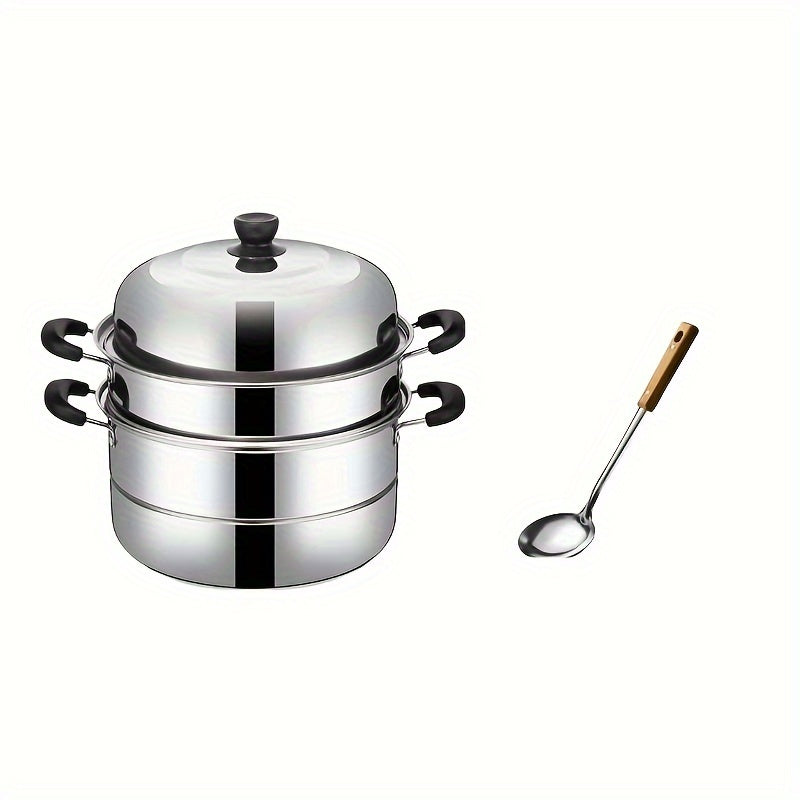 Durable Stainless Steel Steamer Set - 2/3 Layers, Thickened for Longevity, Complete with Stockpot & Ladle - Great for Cooking, Steaming, and Soups - Suitable for Home and Commercial Kitchens, Spacious Design