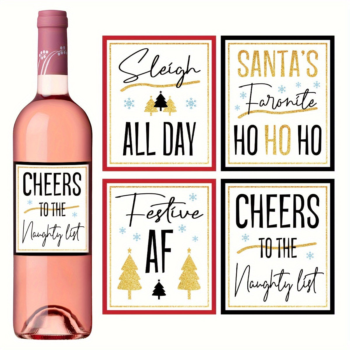 4 Black Golden Christmas Wine Labels for Holiday Party Decoration