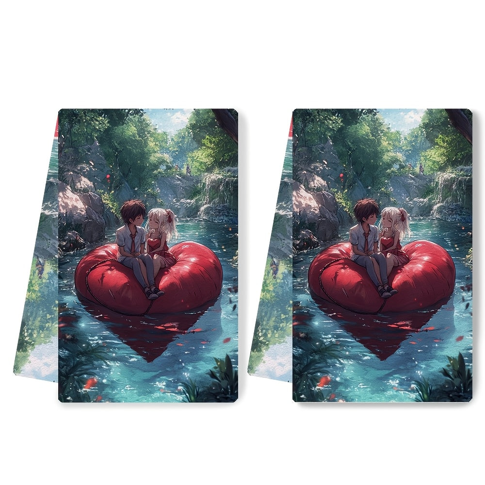 2 pieces of Kitchen Towels with ultra soft texture featuring an anime couple sitting on a heart-shaped raft, leisurely floating down a lazy river. These highly absorbent dish hand towels are perfect for holiday decor. They are machine washable and