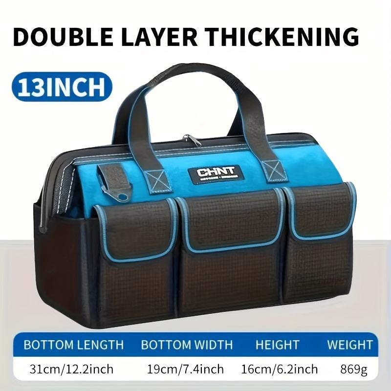 Large tool bag made of heavy-duty thick canvas for electricians and air conditioning repair with shoulder strap.