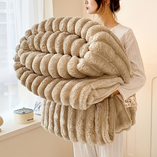 Traditional-style plush double-layer leisure fur throw blanket, made of soft and cozy polyester. Perfect for all seasons, this blanket is machine washable and features a contemporary design in a champagne color. Retail price: $100.