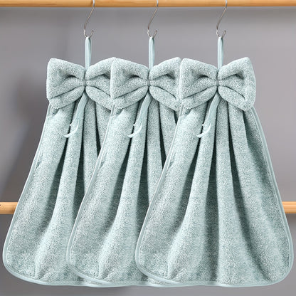 3pcs Bowknot Hanging Hand Towels, Coral Fleece, Quick Drying, Absorbent, Soft, Kitchen and Bathroom Towels.