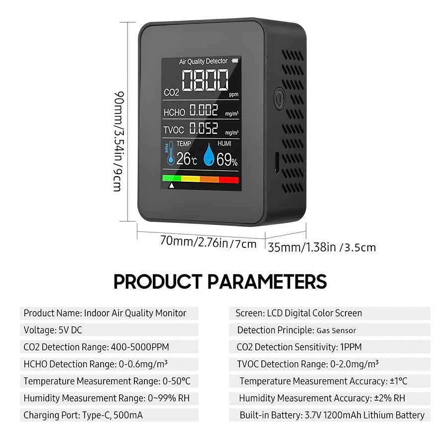 Portable CO2 detector with temperature, humidity, TVOC, and HCHO detection, rechargeable, suitable for travel and home use.