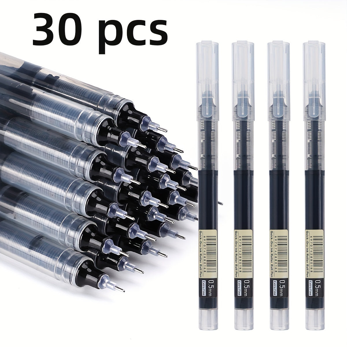 30pcs/10pcs direct liquid quick-drying ballpoint pens in black, blue, and red 0.5mm. School and office gel pens for homework and writing tasks.