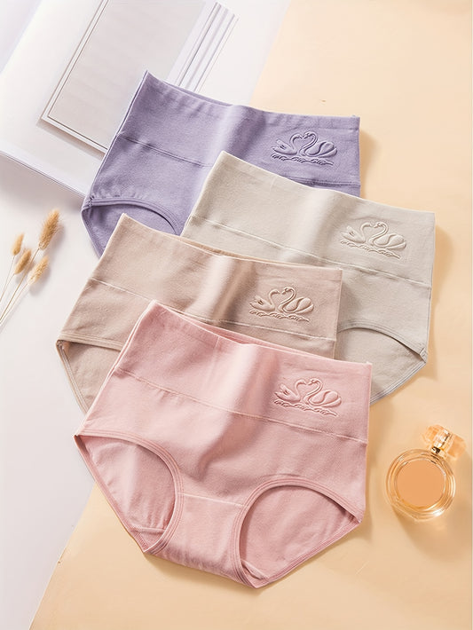 Set of 4 Women's High-Waisted Briefs in Lavender, Beige, and Pink. Comfortable and Slimming with Elastic Waistband and Crotch Detail.