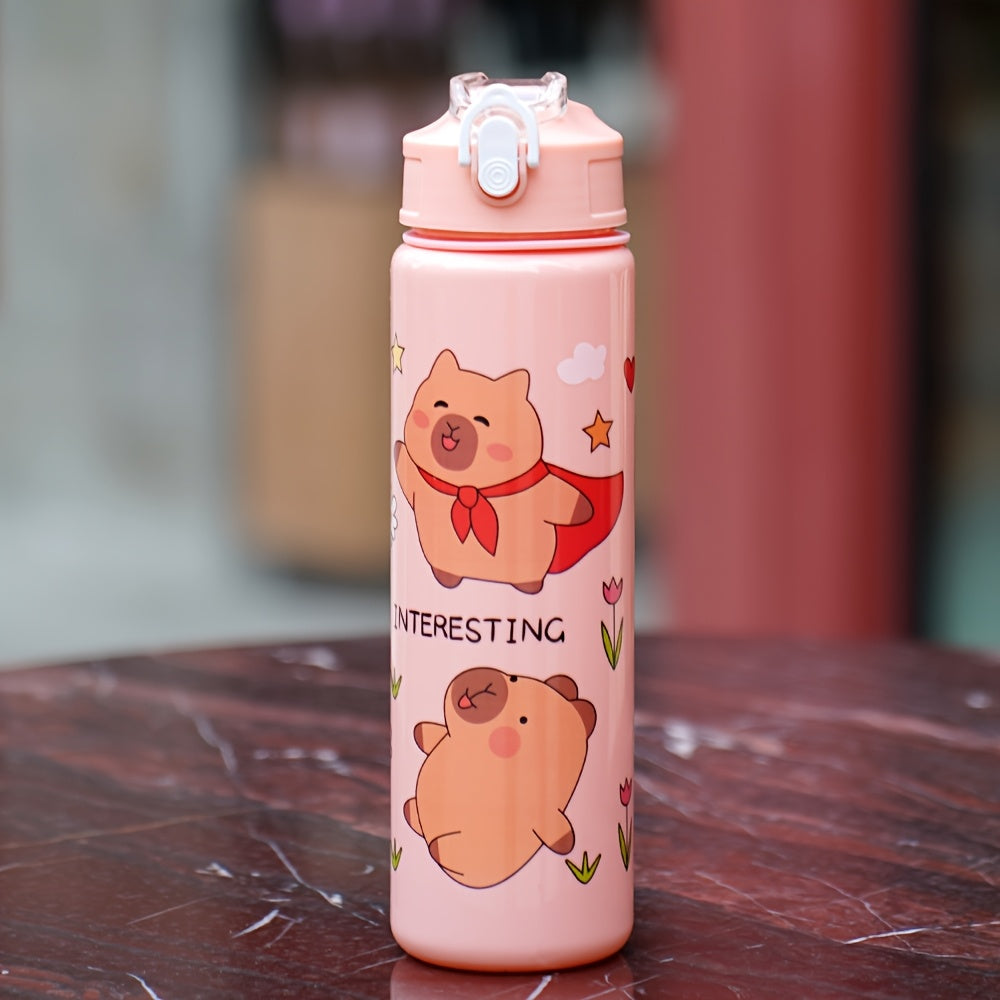 Cute cartoon water bottle (21oz) with leak-proof flip cap and straw, perfect for school, travel, outdoor activities. PVC-free plastic, hand wash only. Suitable for climbing and various holidays and celebrations.