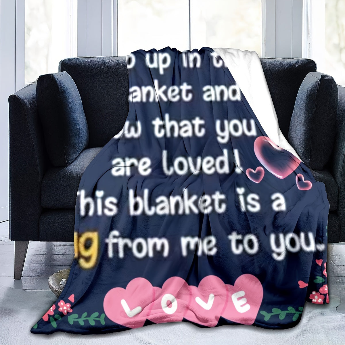 Soft pink love printed blanket perfect for snuggling up with good friends, whether on the couch, in the office, on the bed, or while camping or traveling. This multi-purpose gift blanket is perfect for all seasons and is sure to be loved by all.