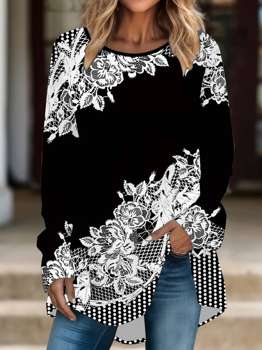 Women's plus size floral print long sleeve t-shirt. Crew neck, stretchy and machine washable. Ideal for spring and fall.