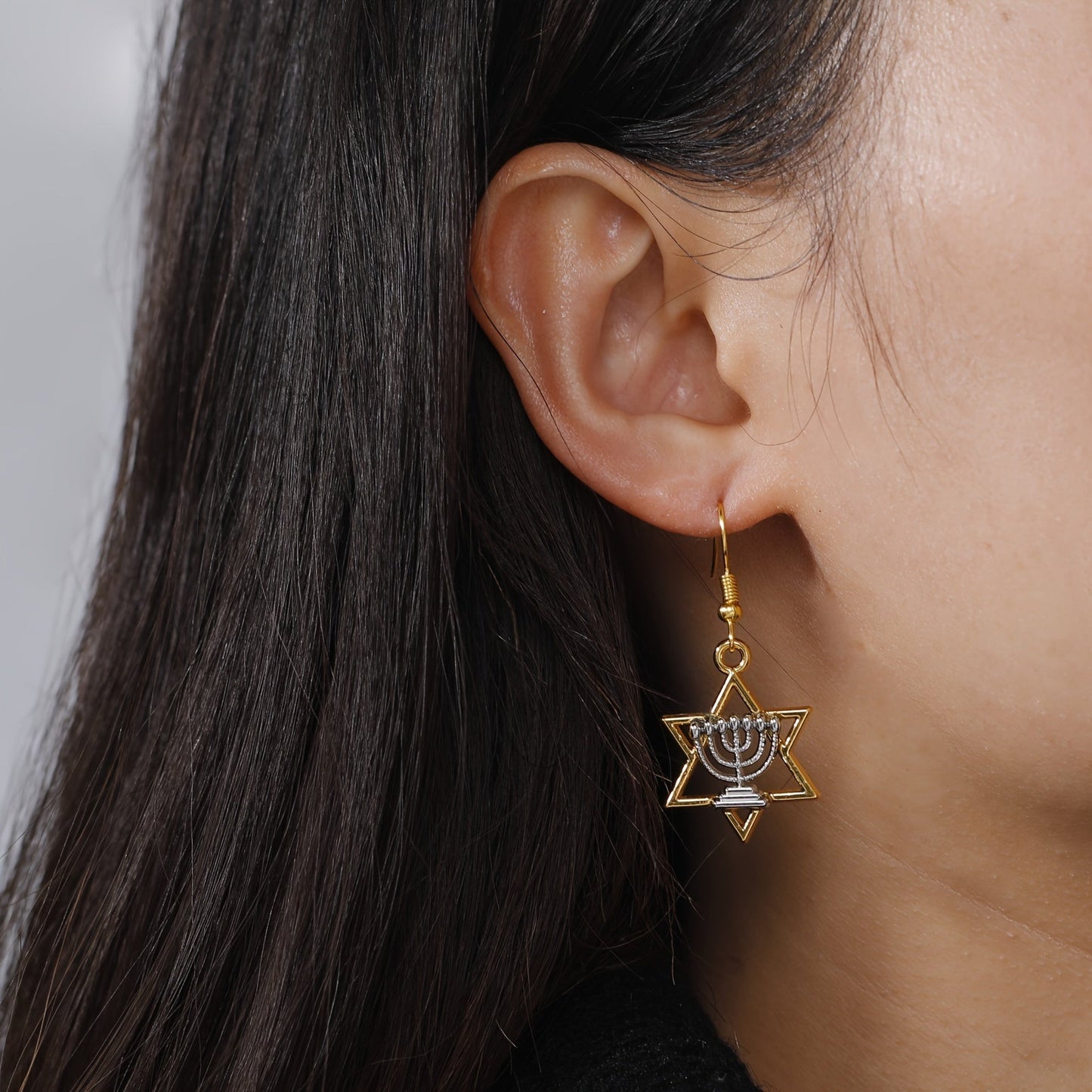 Pair of Elegant Drop Earrings featuring Vintage Style Jewish Star of David with Menorah Design, Made of 14K Gold Plated Zinc Alloy, Stainless Steel Hooks, Perfect for Daily and Party Wear