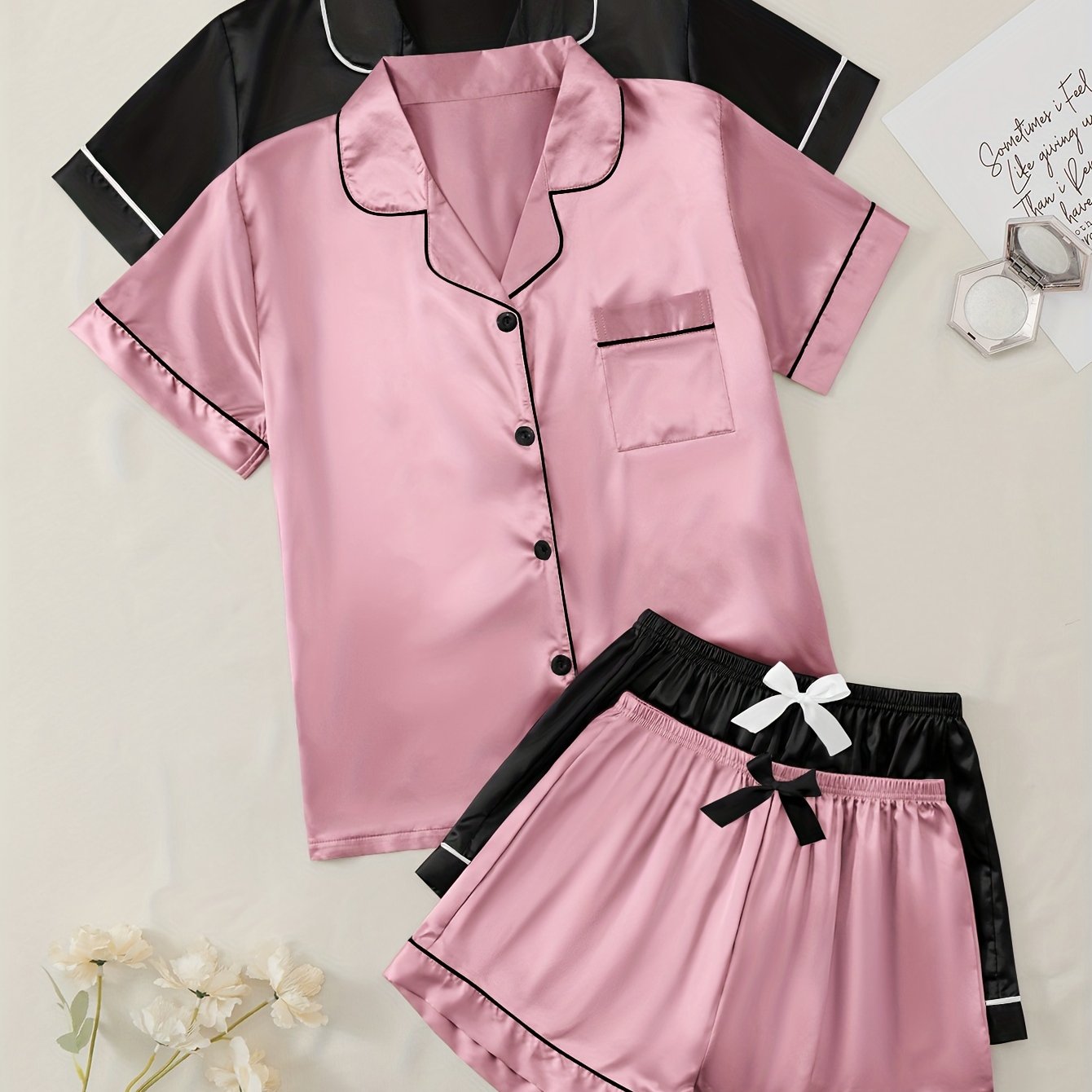 Solid satin pajama set with short sleeve lapel buttons top and bow shorts for women's sleepwear and loungewear.