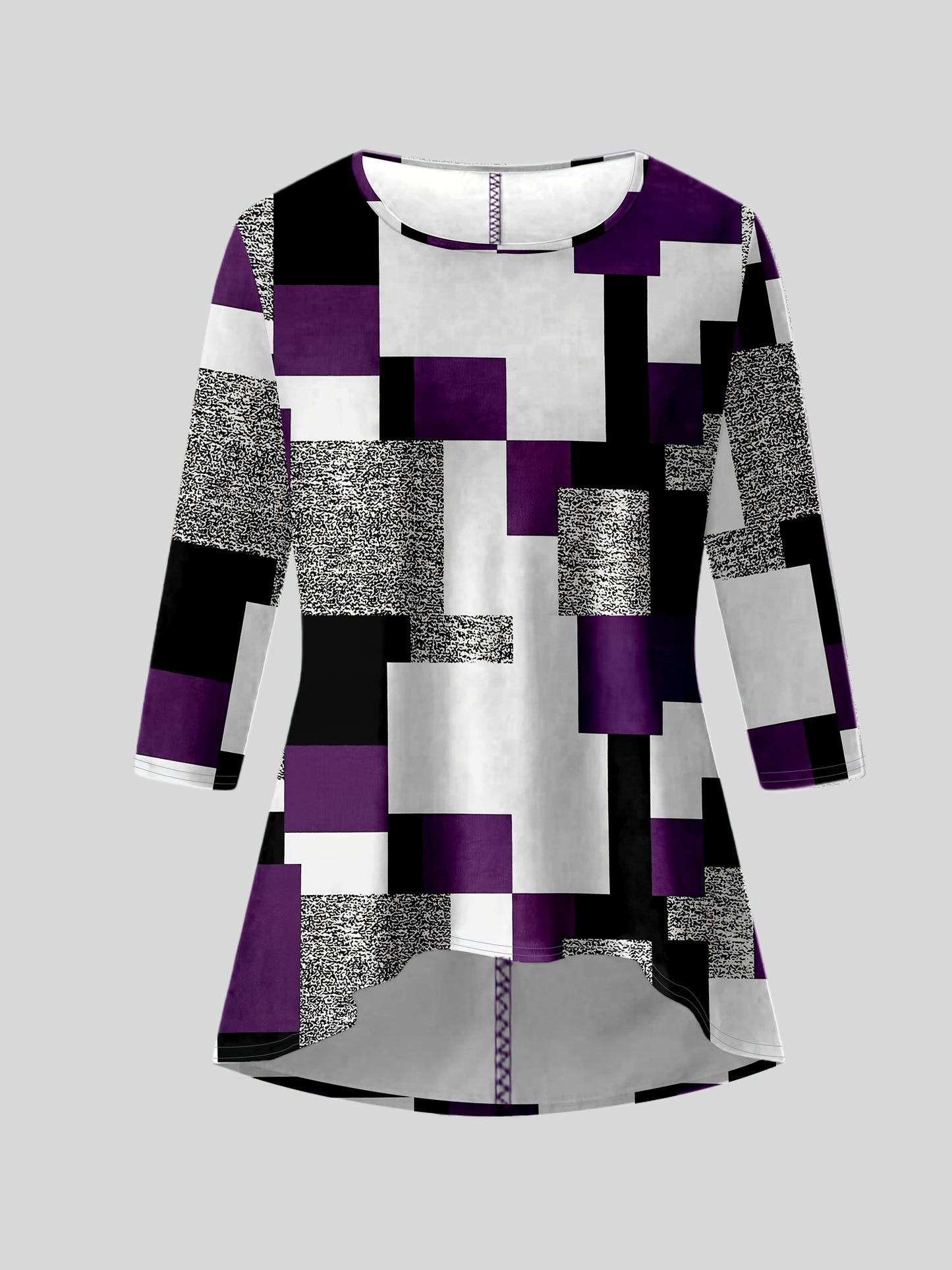 Geometric print top with long sleeves paired with solid color pants set for plus-size women.