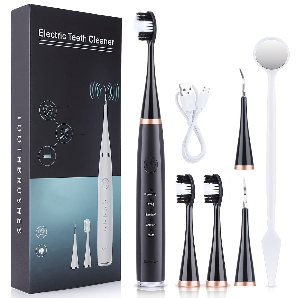 Portable six-in-one electric toothbrush kit with gentle brush head and teeth scaling beauty tool for easy use and personalized smile perfection.