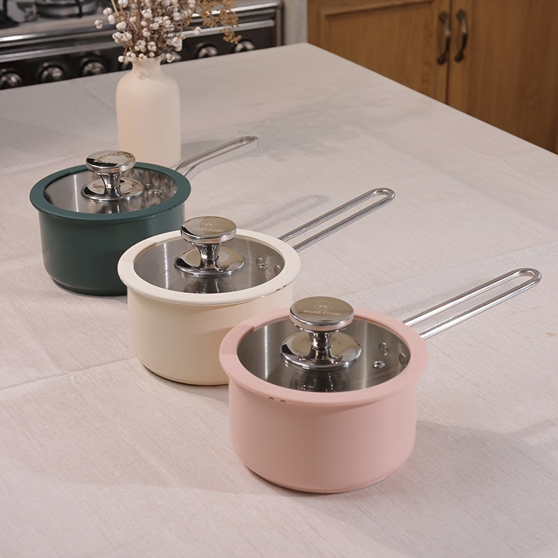 Cook your favorite meals with this stainless steel cooking pot set, which includes a sauce pan, soup pot, casserole, and steamer pot in beige, white, pink, or green. These pots feature a ceramic spray coating and are compatible with induction/electric