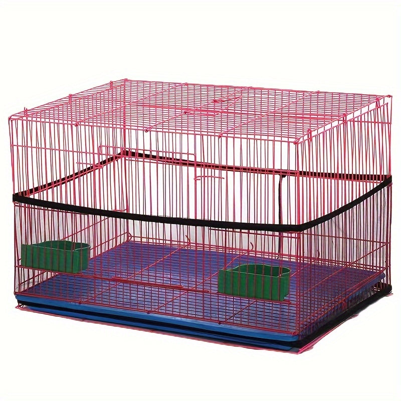 Stretchable bird cage seed catcher prevents mess and scatter in parrot enclosures.