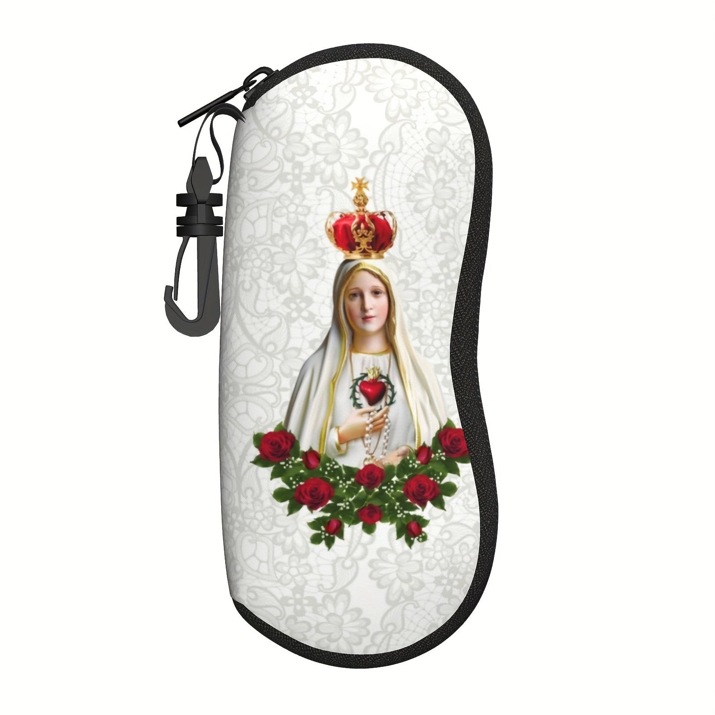 Virgin Mary Our Lady of Fatima Print Eyeglass Case with Keychain, Waterproof Sunglass & Reading Glasses Pouch, Neoprene Soft Accessory, Lightweight and Unisex - 1 Pack