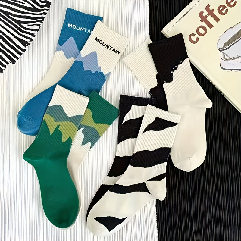 4 unisex mid-calf socks with gradient pattern, 70% polyester, 30% cotton, knit fabric, hand wash only