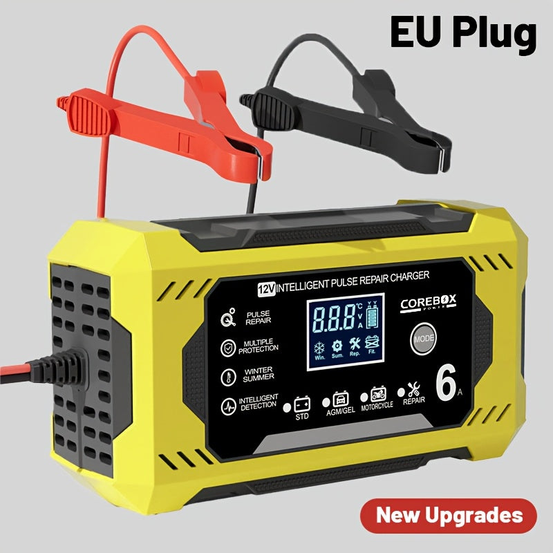 COREBOX 12V 6A Smart Battery Charger with LCD Display - Versatile lead-acid trickle charger for a variety of vehicles with overcharge, short circuit, and polarity protection. Portable and