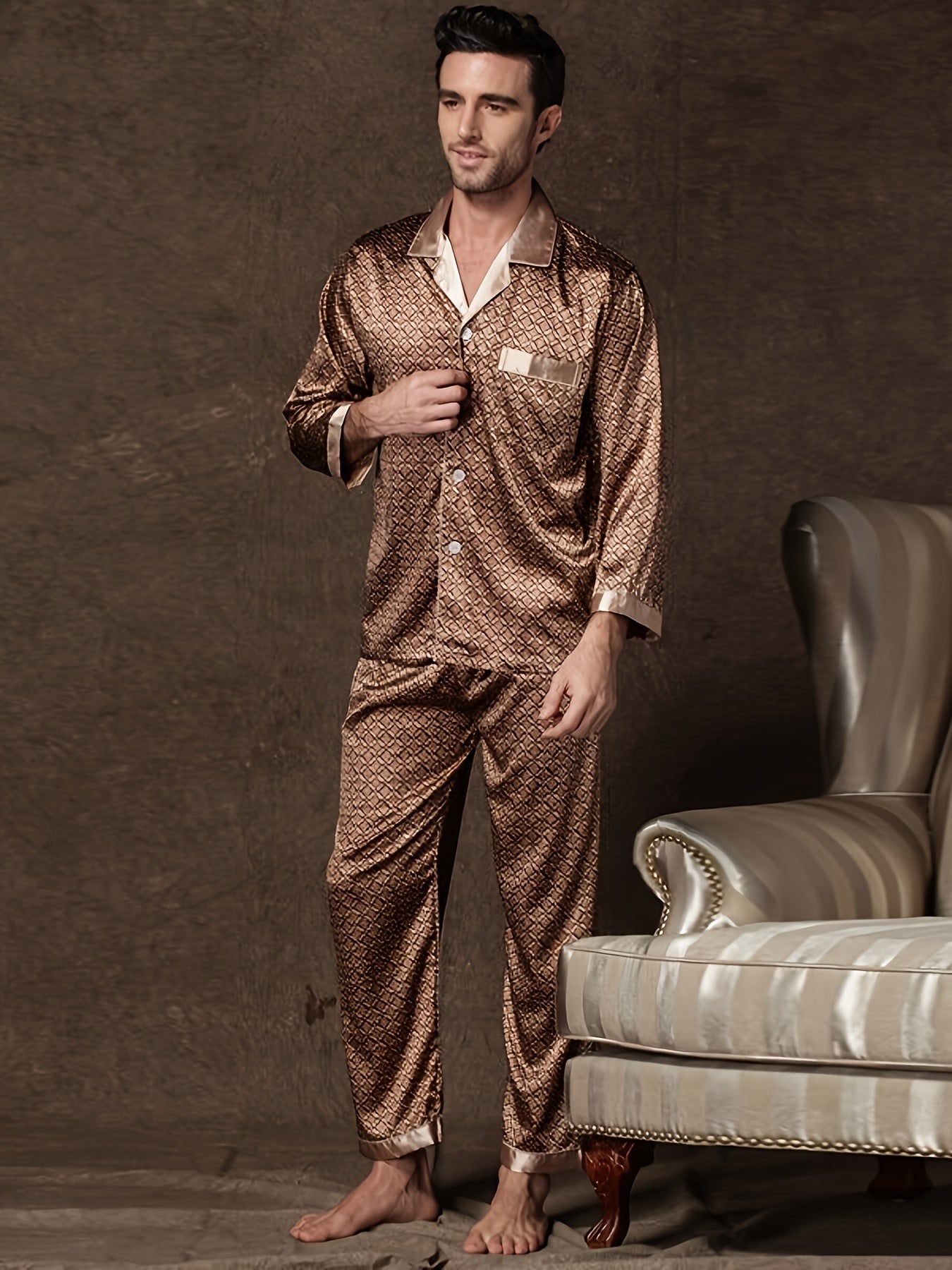 Men's Luxury Vintage Geometric Print Pajama Set with Long Sleeve and Trousers, Comfortable and Skin-friendly Loungewear