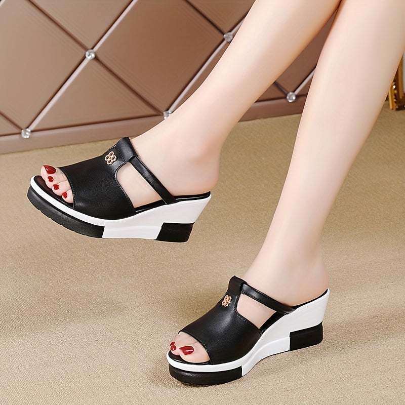 Stylish women's wedge sandals with open toe and faux leather cover, perfect for summer casual wear with a comfortable sole.