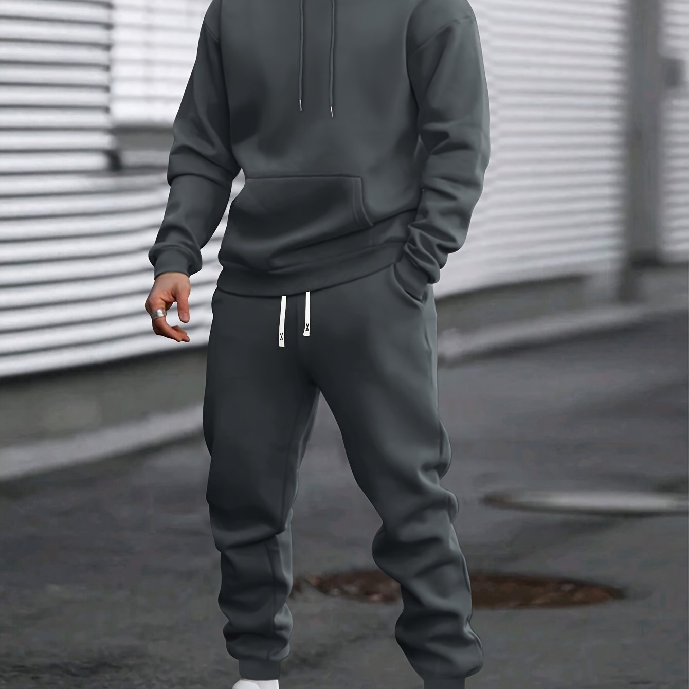 Men's Casual Sportswear Set - Solid Color Hoodie & Joggers, Polyester Blend, Machine Washable - Ideal for Spring/Fall