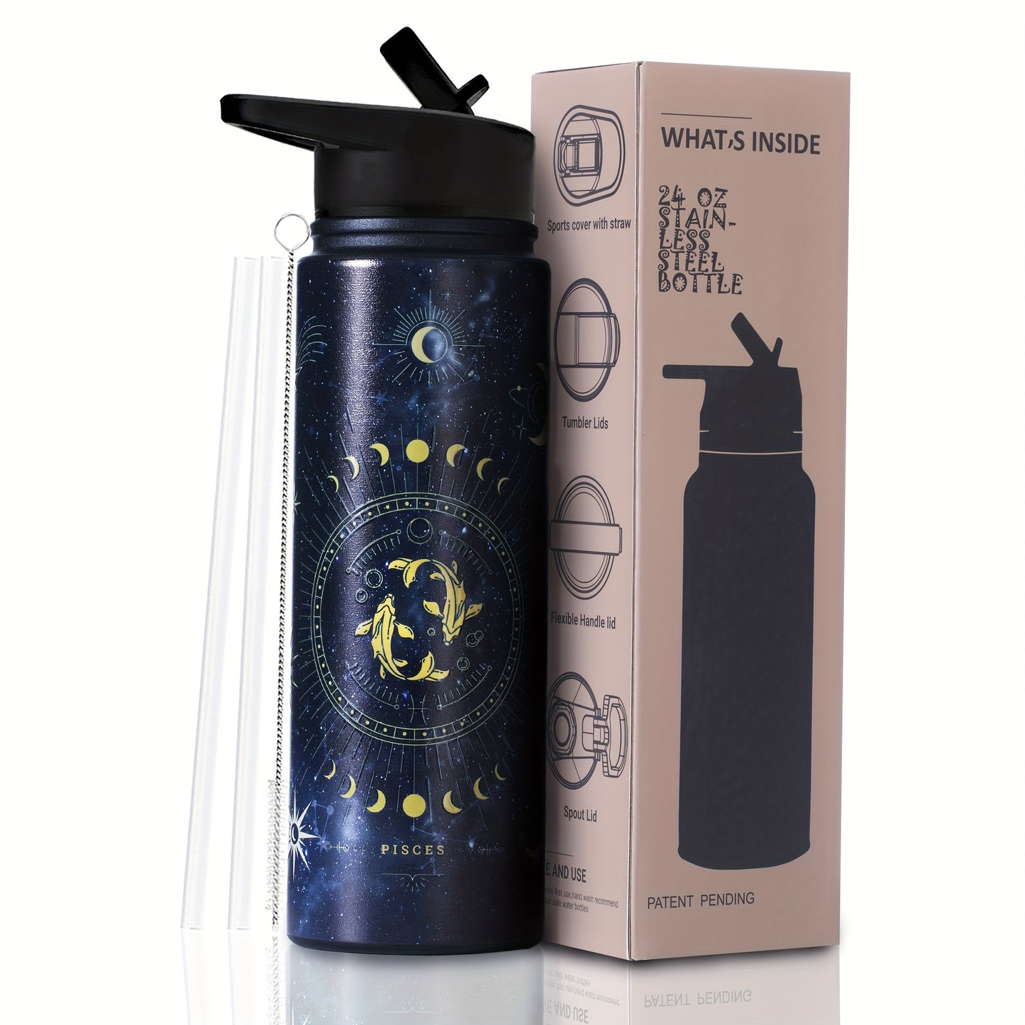 1pc Stainless Steel Zodiac Water Bottle with Lid, Straw, and Double Wall Vacuum Insulation - Ideal for Travel, Outdoor Activities, or as a Birthday Gift. Great for Halloween parties or as room decor.