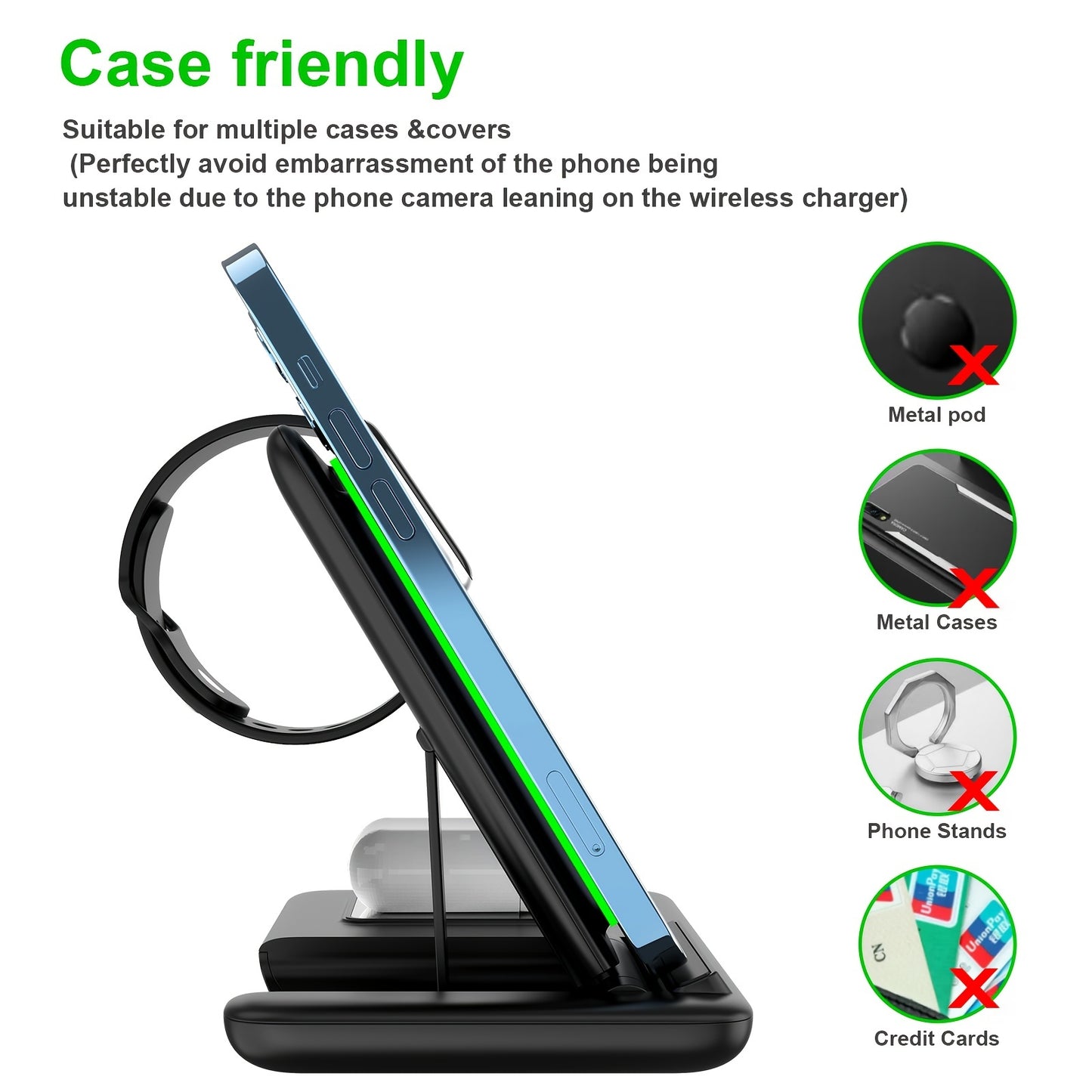 Folding wireless charger stand for Apple Watch, Airpods, and multiple devices with fast charging capability. Suitable for iPhone 14, 13, 11, and earlier models.