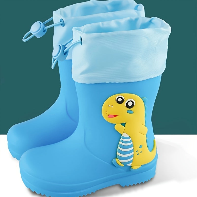 Durable PVC mid-calf youngsters' cartoon rain boots with drawstring closure. Waterproof, anti-slip, and perfect for outdoor activities. Ideal for boys and girls.