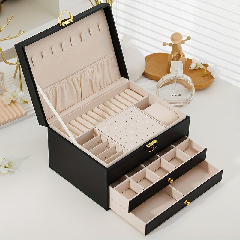 Stylish, lockable leather jewelry box with multiple compartments for home decor - 1pc