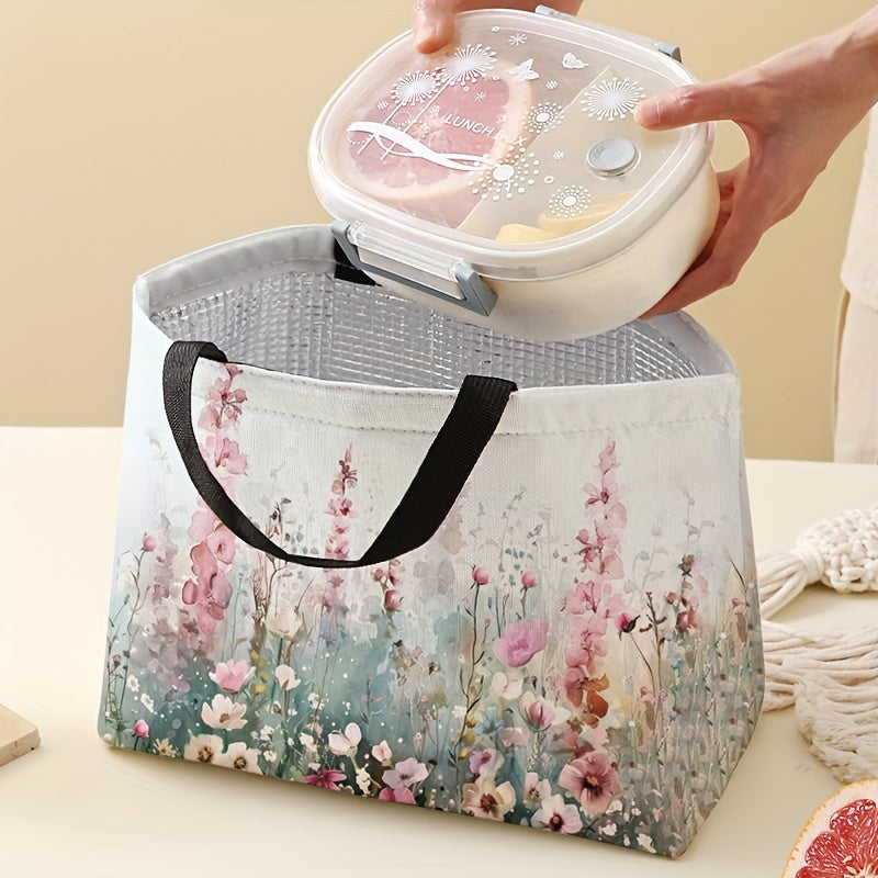 Insulated Lunch Tote with Floral Design for Men and Women, Leak-Proof Reusable Polyester Bag with Hand Wash Operation, Square Thermal Lunch Box for Office, Beach, and Travel - Featuring Dual-Sided Print