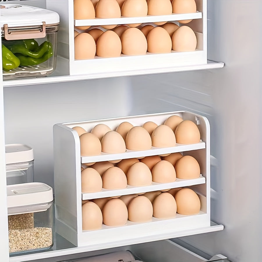 Large capacity plastic refrigerator egg holder with flip storage box for organizing and maintaining freshness of 30 eggs without batteries.