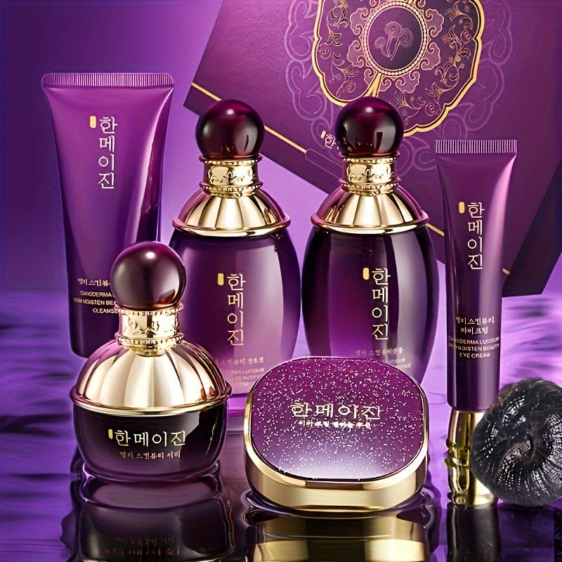 6pc Korean and American Purple Ganoderma Lucjson Beauty Set for hydrating and moisturizing skin, ideal as a gift for mothers and girlfriends on Valentine's Day.