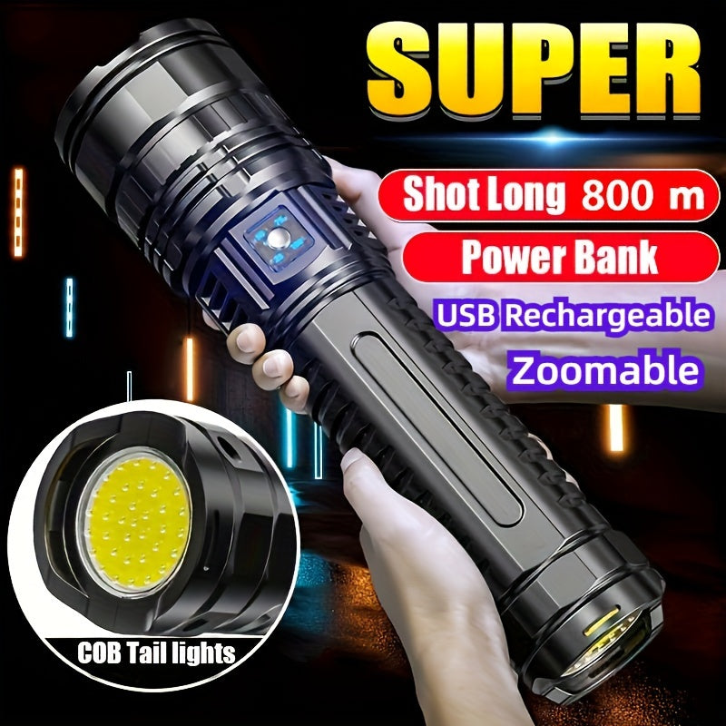 Ultra-Bright 1500 Lumens LED Flashlight with USB Rechargeable Battery, Zoomable COB Tail Light, 4 Modes for Camping, Hunting, and Outdoor Adventures.