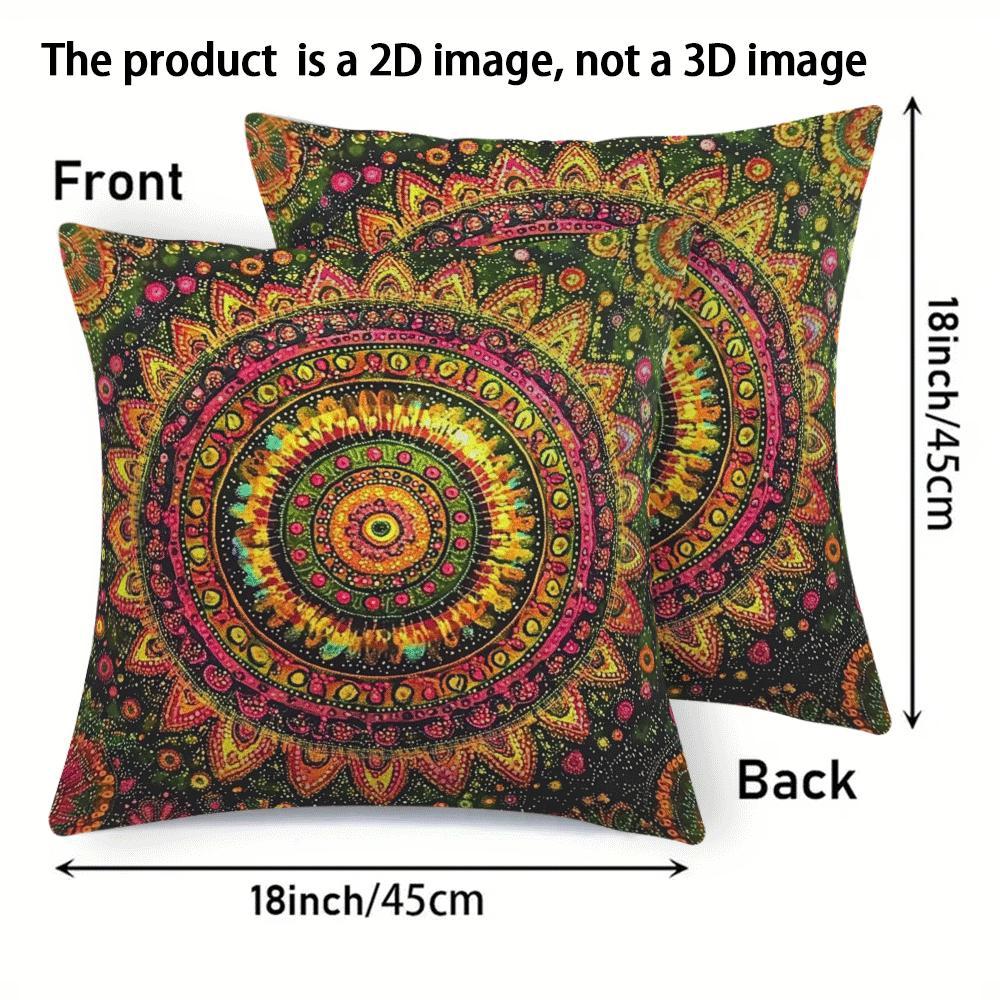 Two Bohemian Mandala Flannel Pillow Covers in a pack, each measuring 45.72x45.72 cm. Featuring an invisible zipper and machine washable design, these decorative cushion cases are suitable for all seasons and boast a modern style. Perfect for back