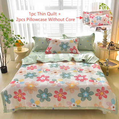 3-piece floral printed quilt set, perfect for all seasons, suitable for single or double beds in hotels, homes, guest rooms, or sofas. Includes 1 thin quilt and 2 pillowcases without core.